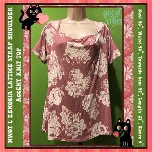 NWOT L CASUAL TOP PINK/IVORY FLORAL STRAPPY SHOULDER ACCENTS EASY WEEKEND WEAR